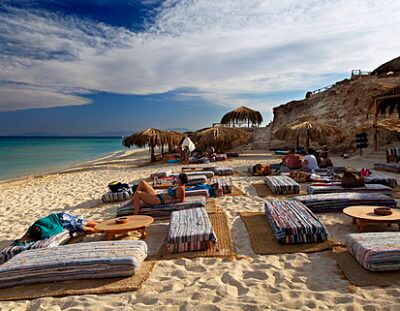 People at beach on pillow seats, beach, parasols, lagoon, swimmers, people, Beach Mahmya, beach, Giftun Island, Hurghada, Egypt, Africa, Red Sea